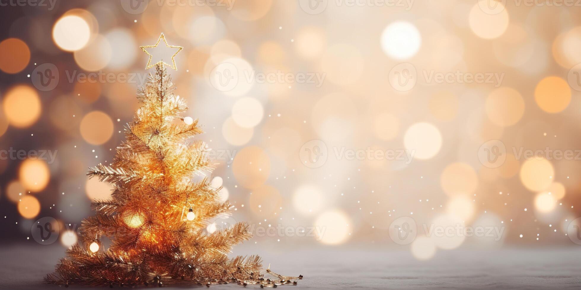 AI generated Tiny cute sparkling Christmas trees with gold hues festive background with copy space. Miniature fun holiday winter props wallpaper backdrop photo