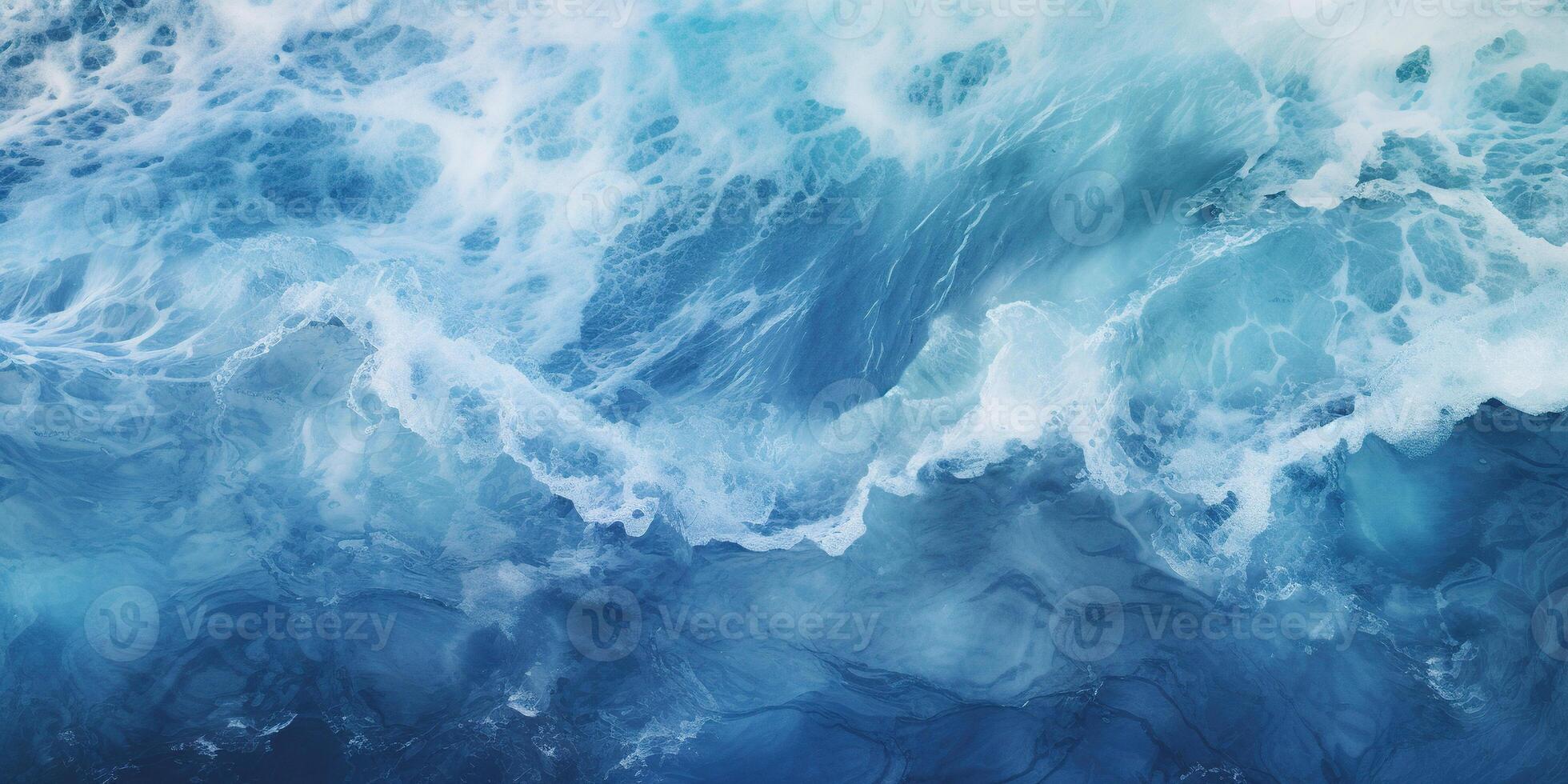 AI generated Abstract blue ocean waves crashing with white foam and splashes background. H2O expressive, artistic, pattern texture wallpaper backdrop photo