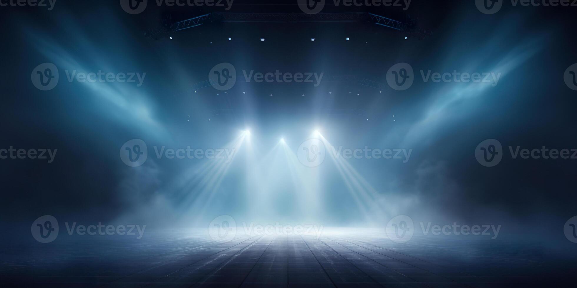 AI generated Stage with scenic lights presentation mockup with smoke background. Blue hues event spotlight backdrop photo