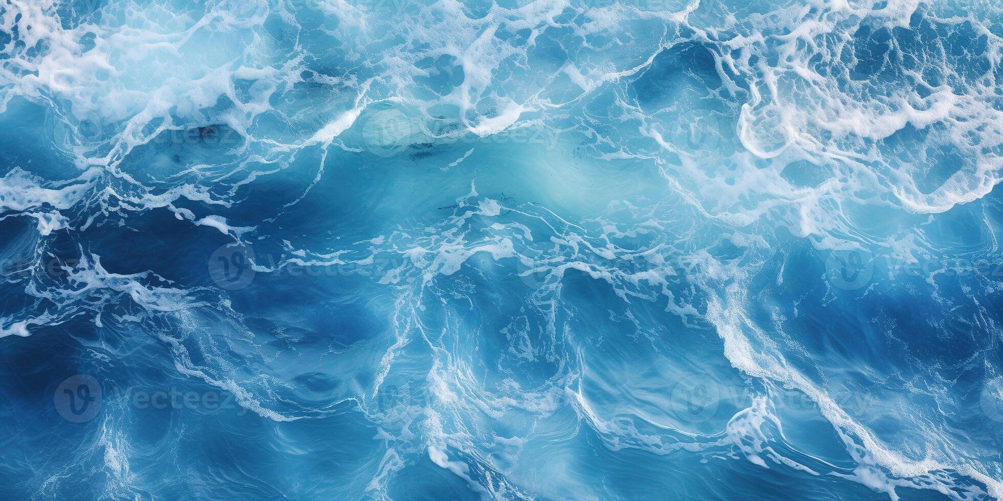 AI generated Abstract blue ocean waves crashing with white foam and splashes background. H2O expressive, artistic, pattern texture wallpaper backdrop photo