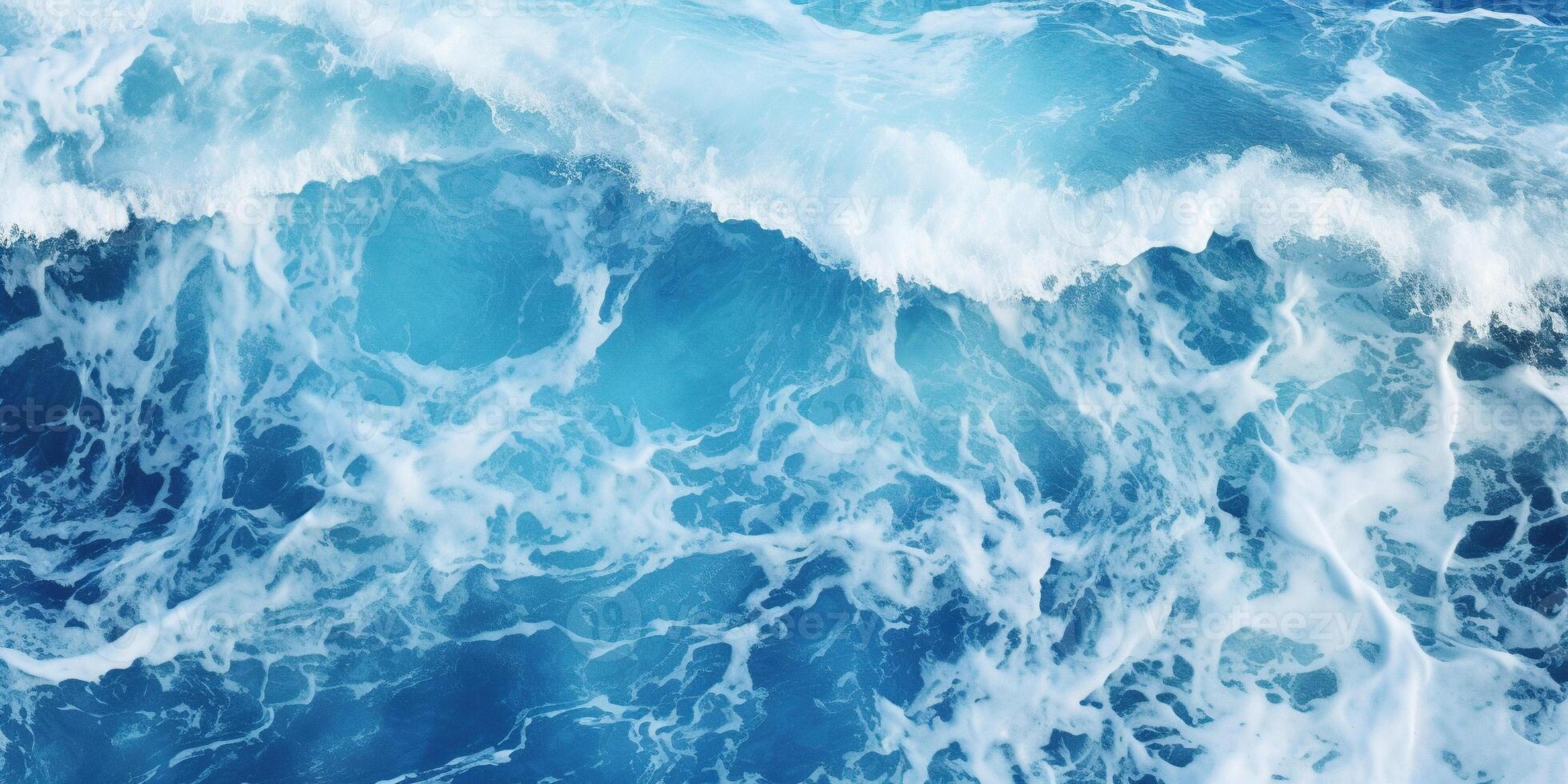 AI generated Abstract blue ocean waves crashing with white foam and splashes background. H2O expressive, artistic, pattern texture wallpaper backdrop photo