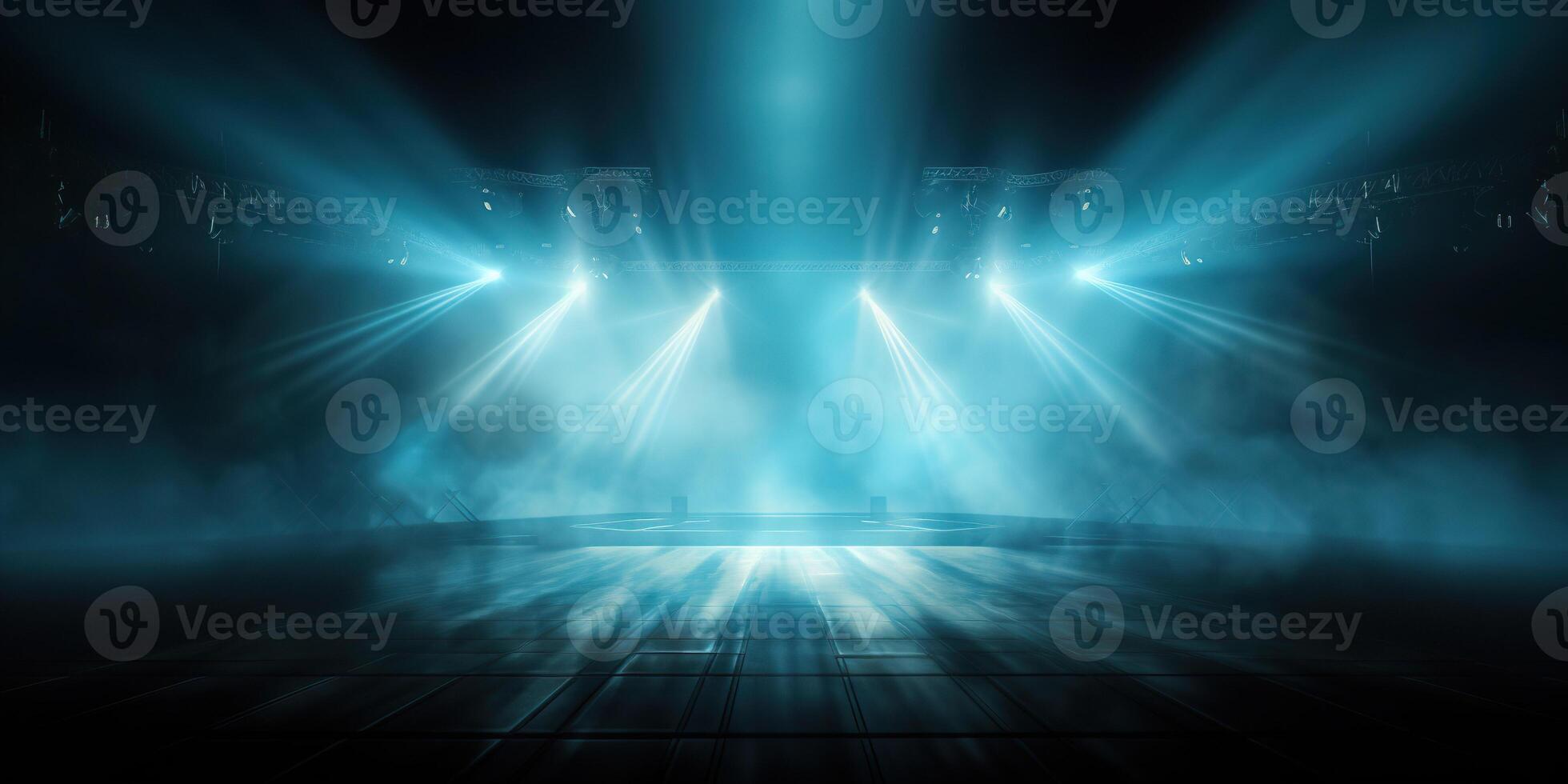 AI generated Stage with scenic lights presentation mockup with smoke background. Blue hues event spotlight backdrop photo