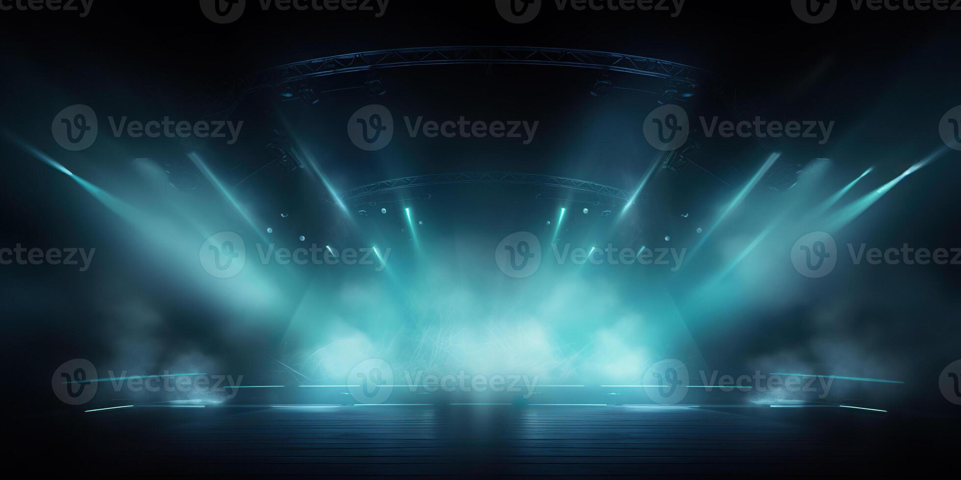AI generated Stage with scenic lights presentation mockup with smoke background. Blue hues event spotlight backdrop photo