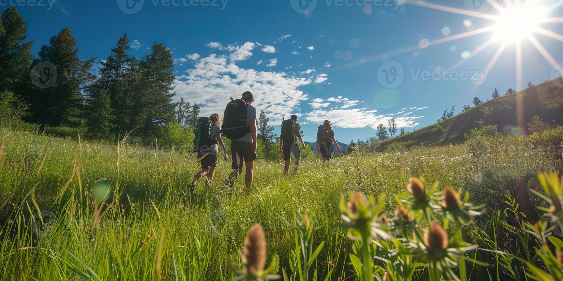 AI generated Group of friends hiking outdoors in wilderness, nature and mountains in the background. Hike trail, adventure, healthy activity concept photo