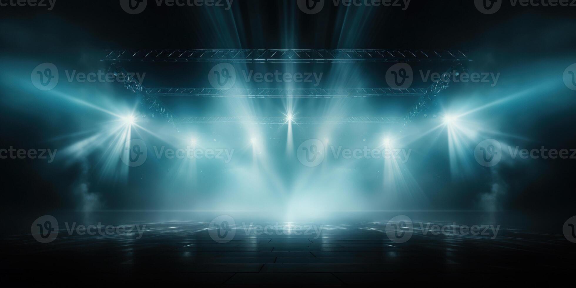 AI generated Stage with scenic lights presentation mockup with smoke background. Blue hues event spotlight backdrop photo