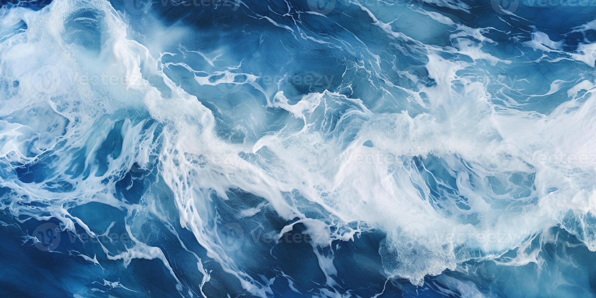 AI generated Abstract blue ocean waves crashing with white foam and splashes background. H2O expressive, artistic, pattern texture wallpaper backdrop photo