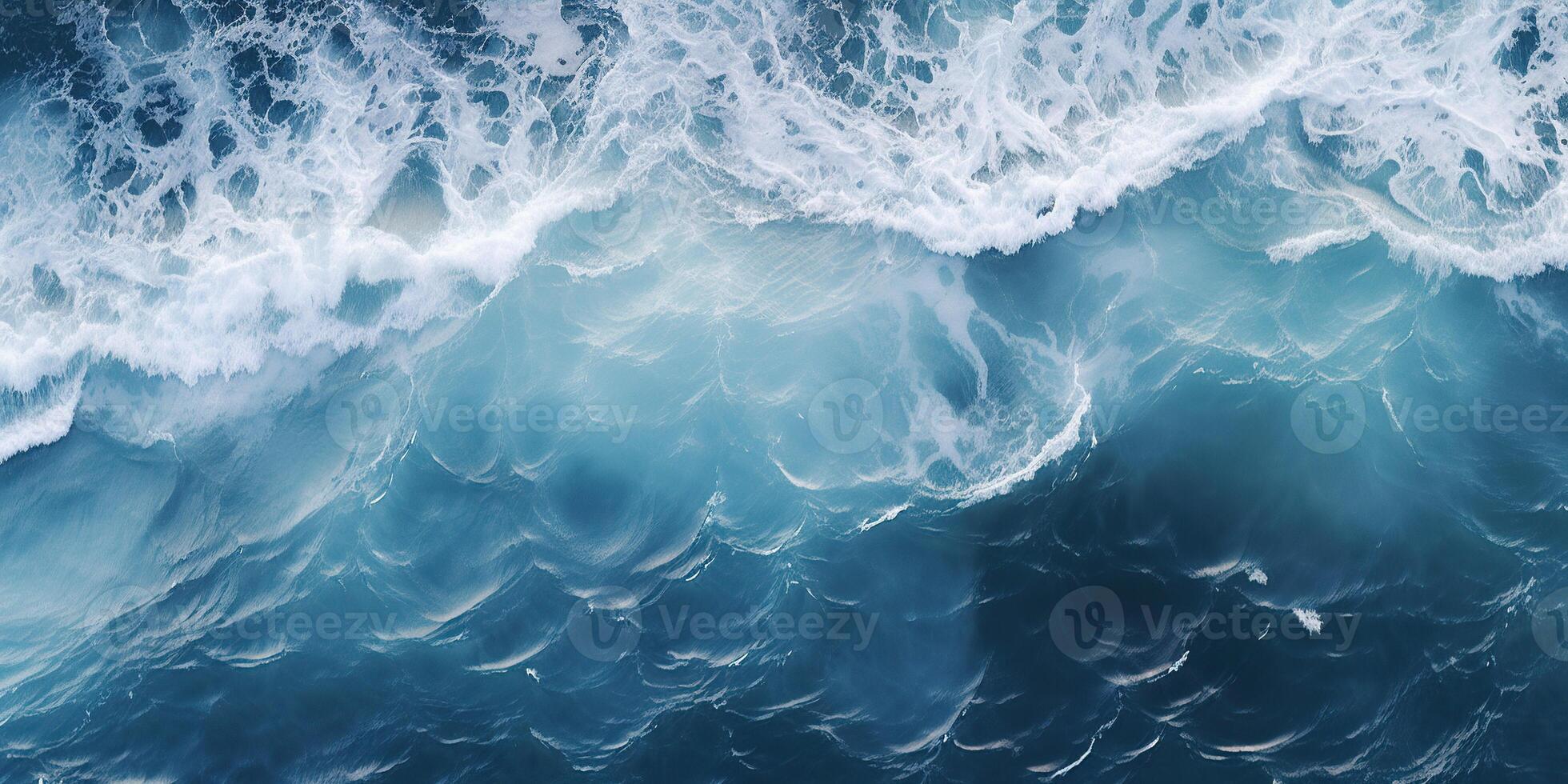 AI generated Abstract blue ocean waves crashing with white foam and splashes background. H2O expressive, artistic, pattern texture wallpaper backdrop photo