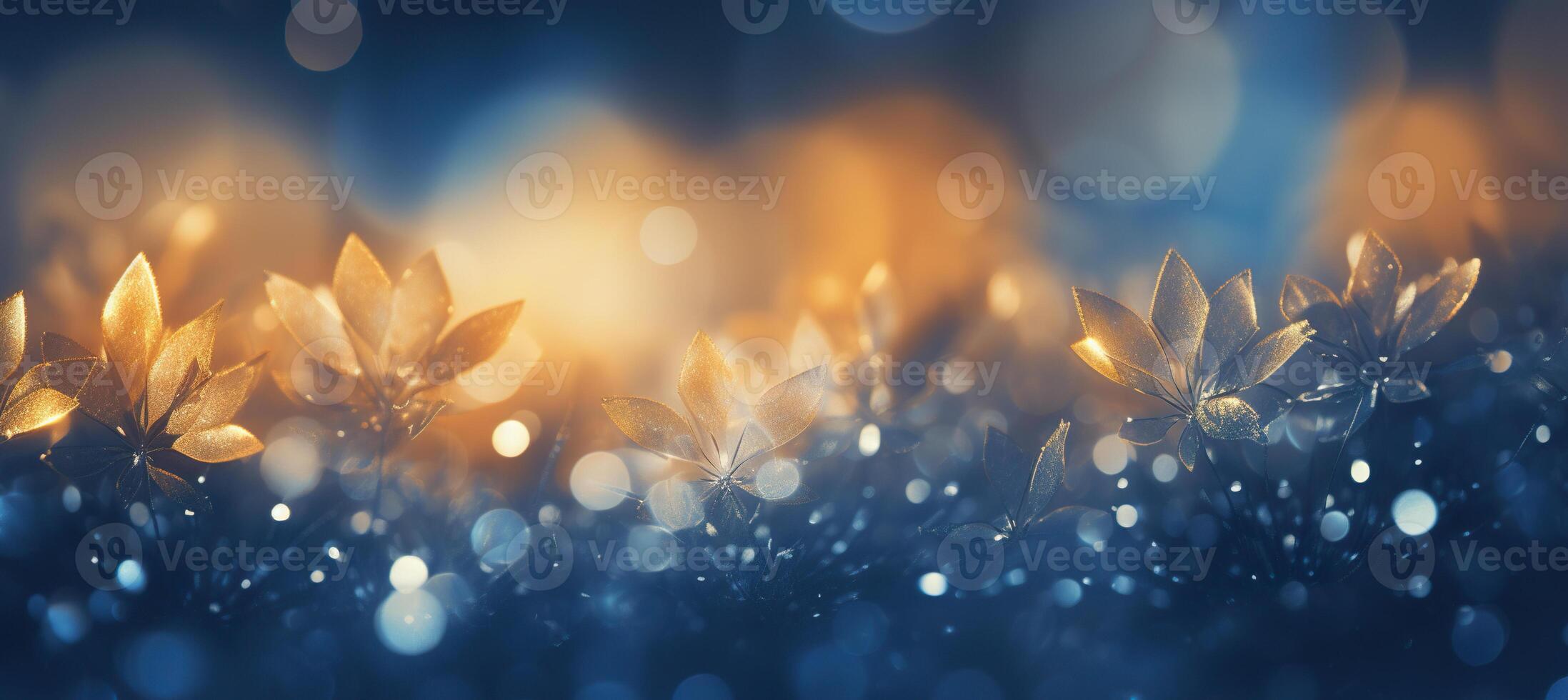 ai generado acogedor Navidad dorado hielo flores en el nieve antecedentes con amarillo y azul bokeh matices festivo, edificante fondo de pantalla fondo foto