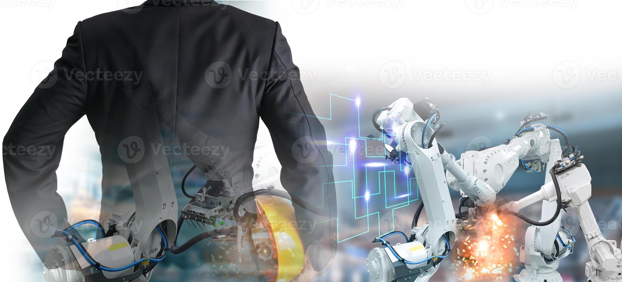Double Exposure concept Industrial engineer robot working control photo