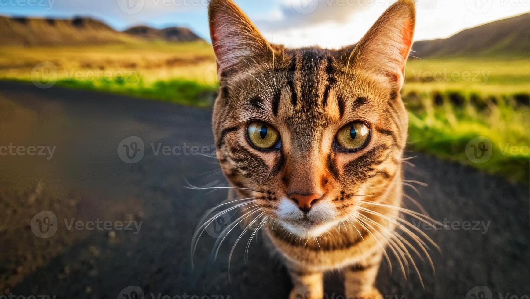 A captivating close-up of a tabby cat with striking eyes and patterned fur photo