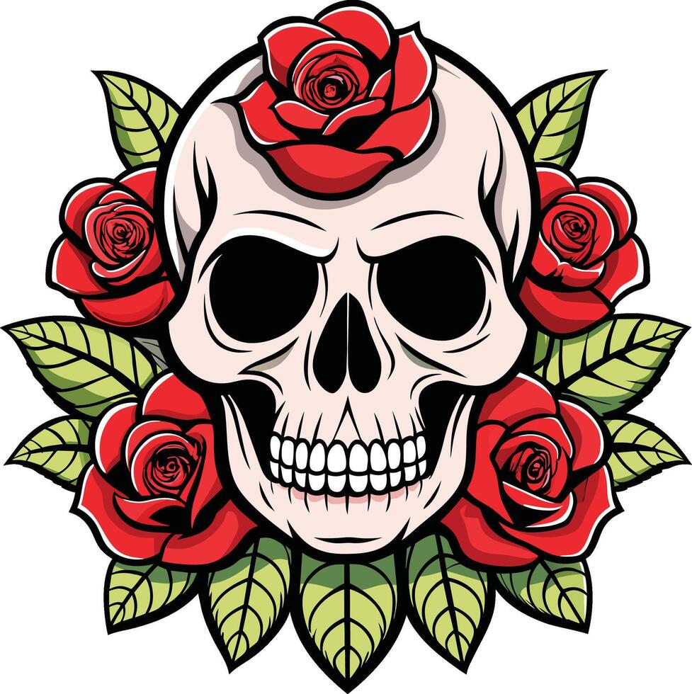 cráneo con rojo rosas en un blanco antecedentes. vector ilustración. para t camisa diseño