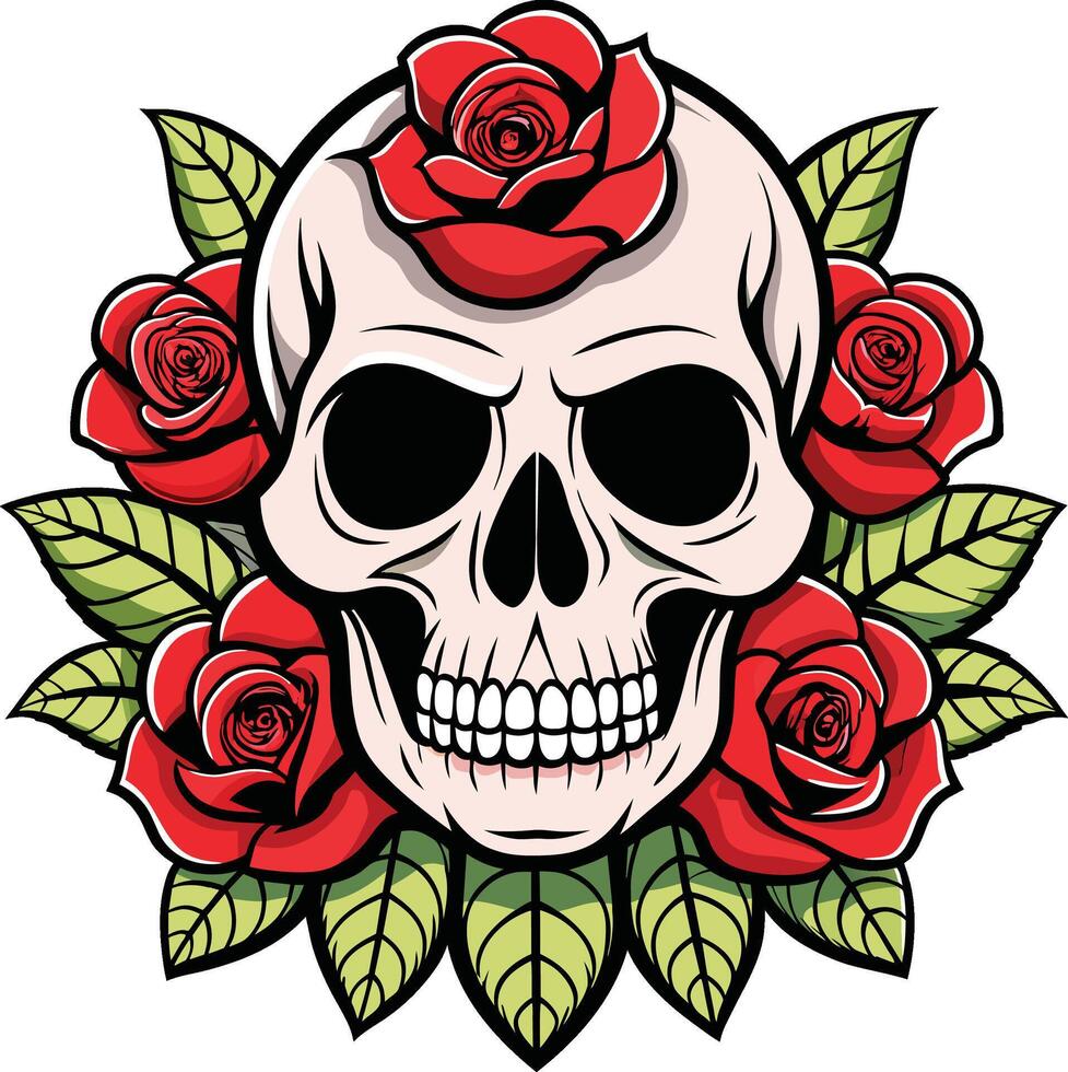 Skull with red roses on a white background. Vector illustration. for t shirt design