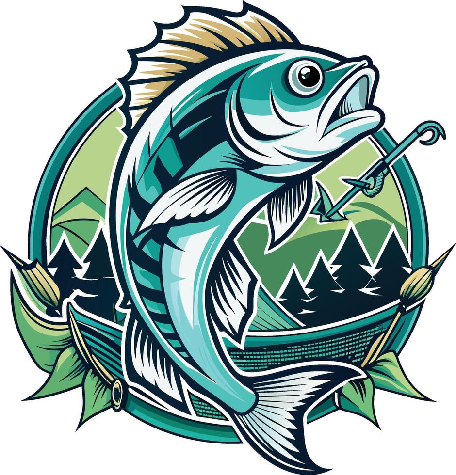 Vector illustration of a big fish with a fishing rod on a background of nature