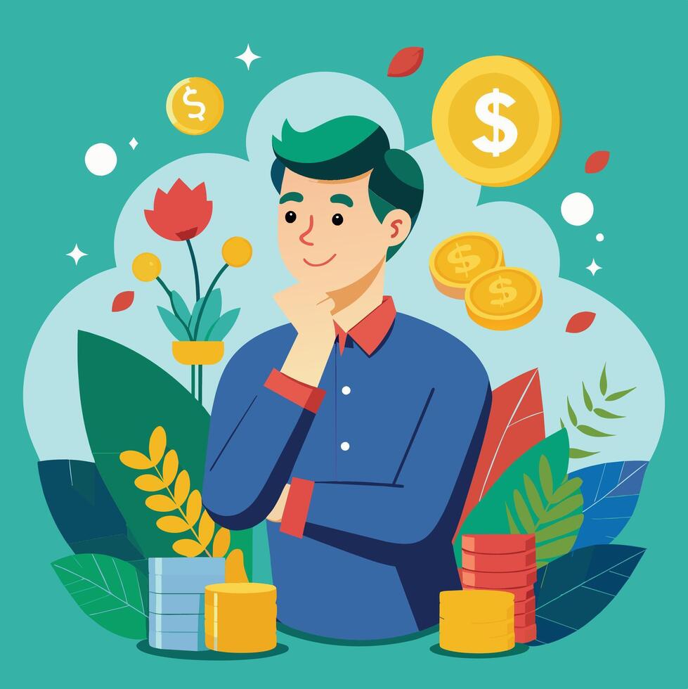 Businessman thinking about money. Vector illustration in flat design style.