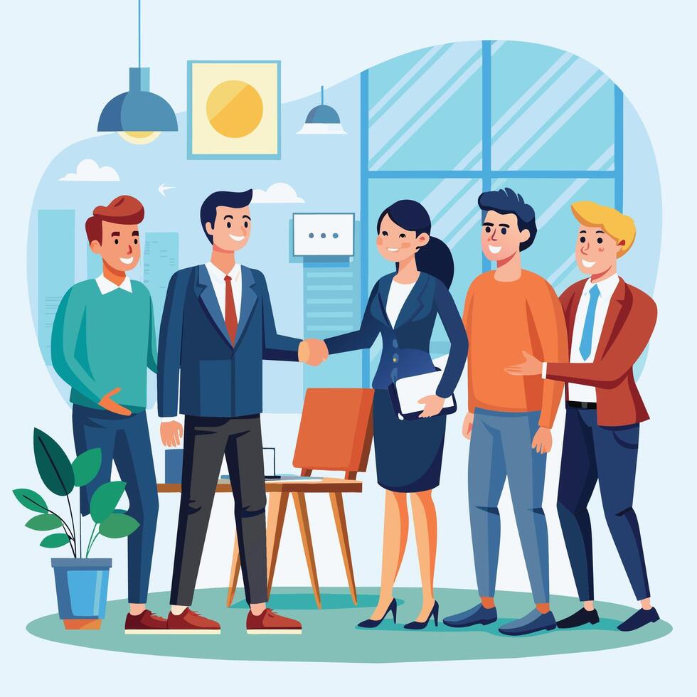 Business people shaking hands in office. Vector illustration in flat style.