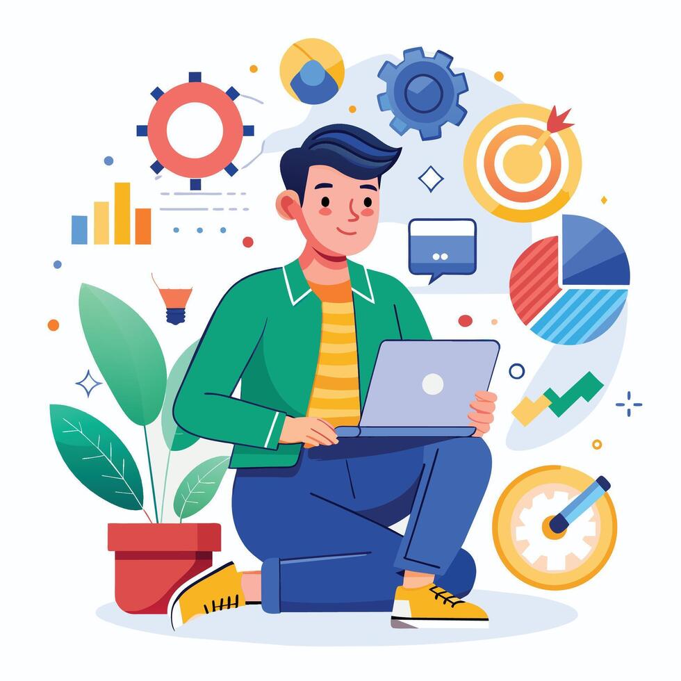 Young man sitting on the floor and working on laptop. Flat style vector illustration.