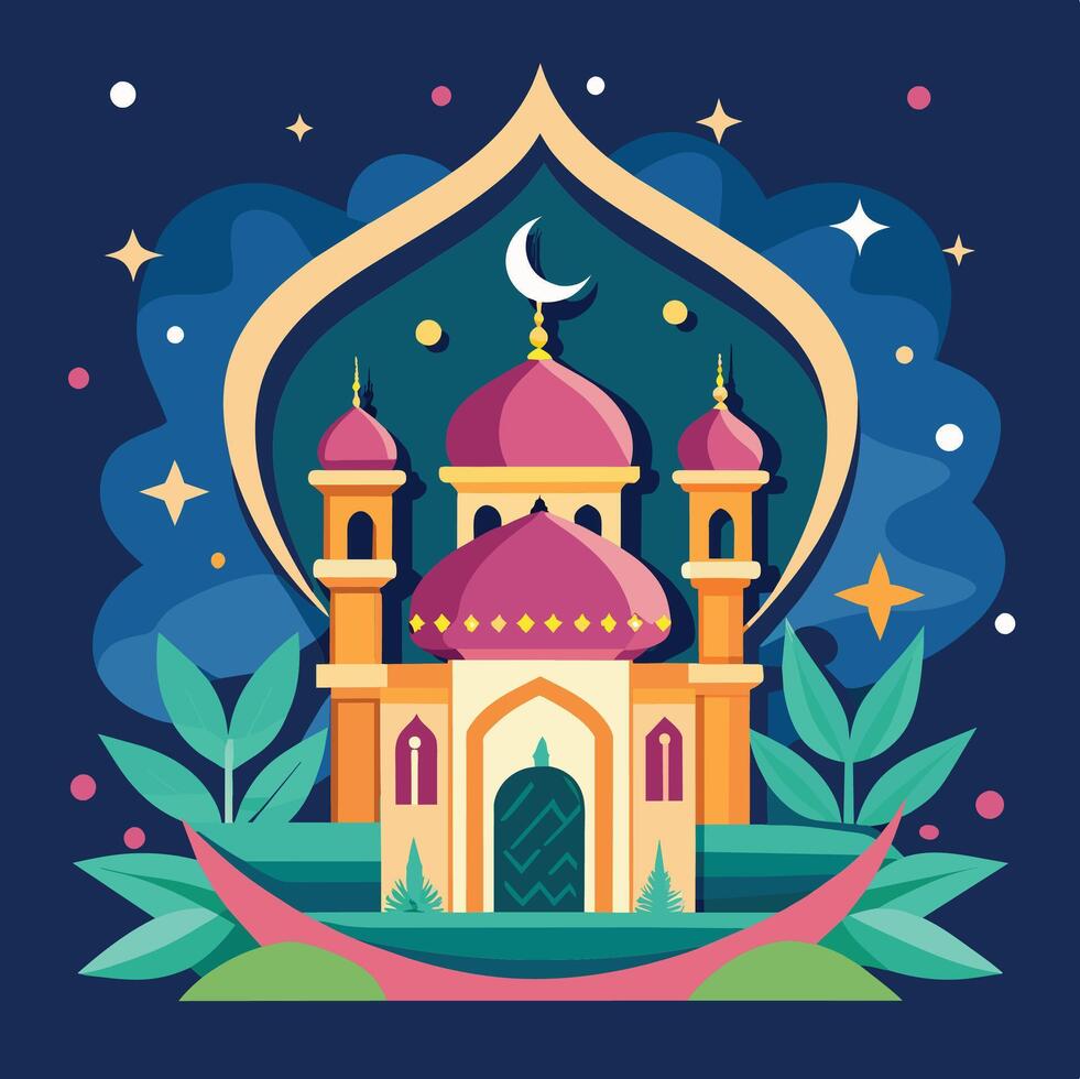 Vector illustration of mosque in flat style. Ramadan Kareem greeting card