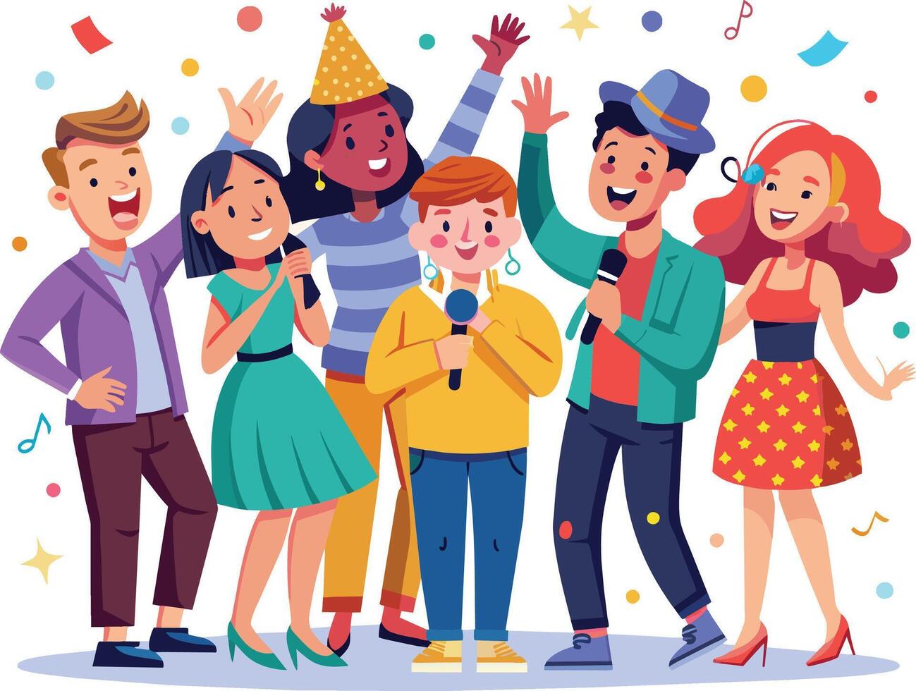 Happy group of young people having fun at birthday party. Cheerful boys and girls with confetti. vector