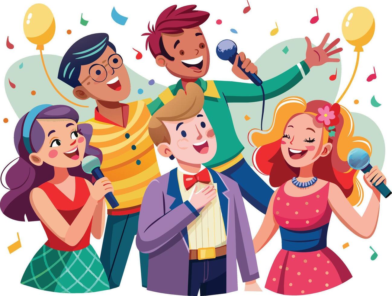 Cartoon karaoke party vector illustration. Group of people singing karaoke with microphones