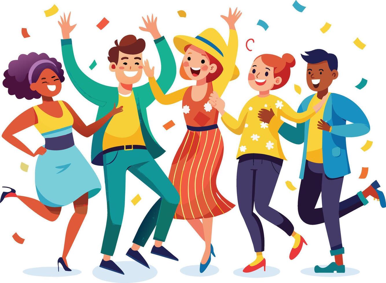 Happy group of people dancing and having fun. Flat vector cartoon illustration.