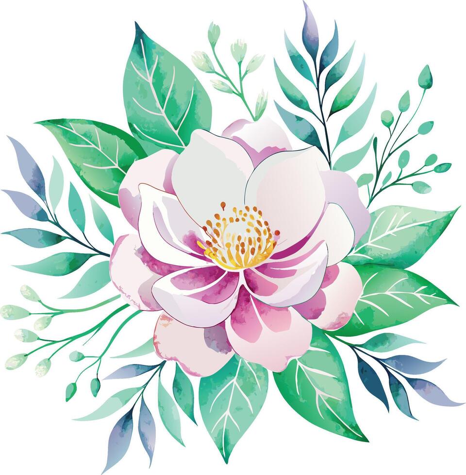 Watercolor vector floral bouquet with pink rose and green leaves.