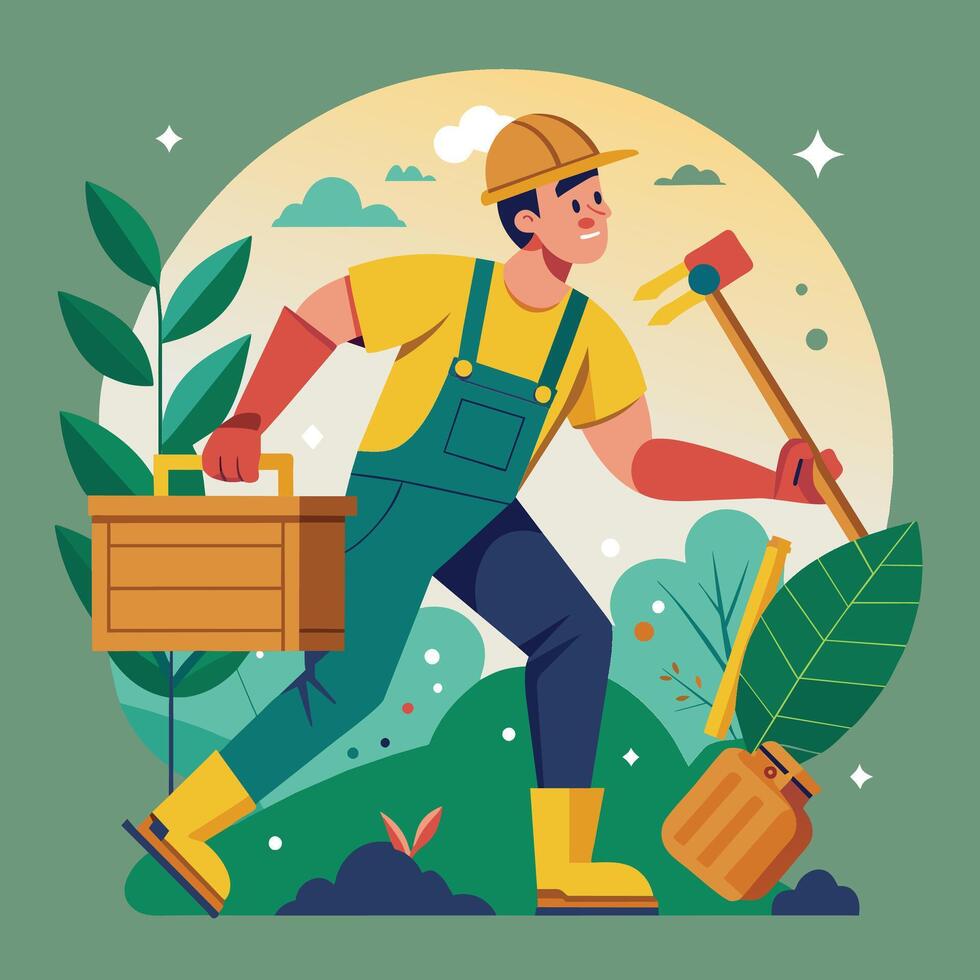 Gardener man working in the garden. Flat vector illustration.