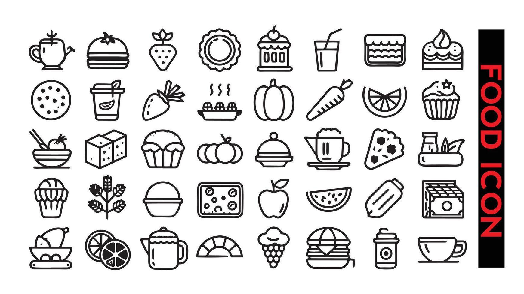 Food and Drinks Icons Set Vector Thin Line. Coffee, Soda, Macaroon, Pizza, Ice Cream, Burger, Hamburger