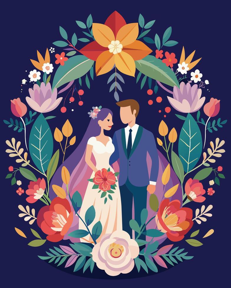 Wedding invitation card with bride and groom. Vector Design