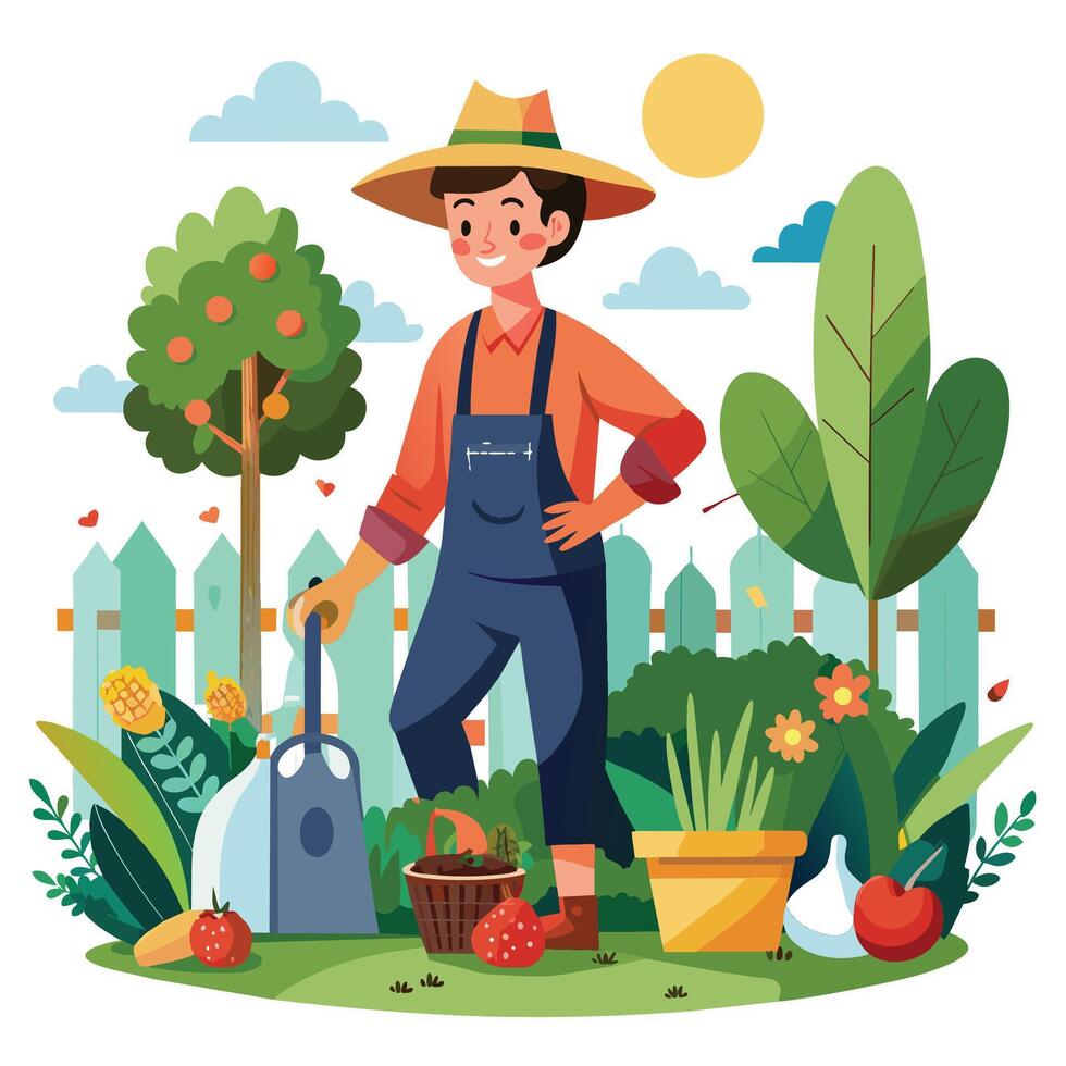 Gardening. Cartoon man gardener in hat and overalls working in the garden. vector