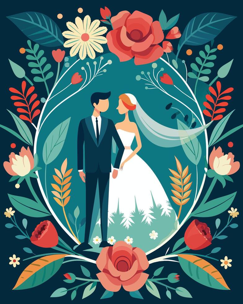 Wedding invitation card with bride and groom, vector illustration.