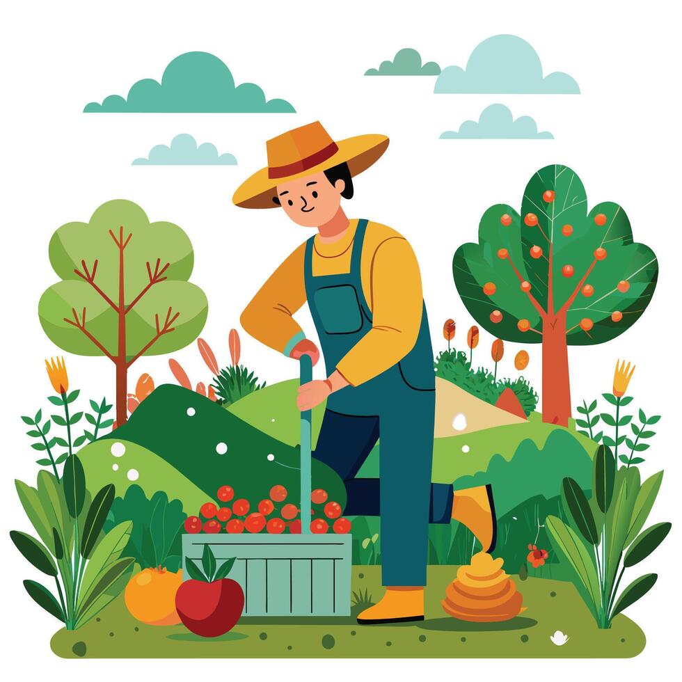 Farmer working in the garden. Gardening and farming vector illustration.