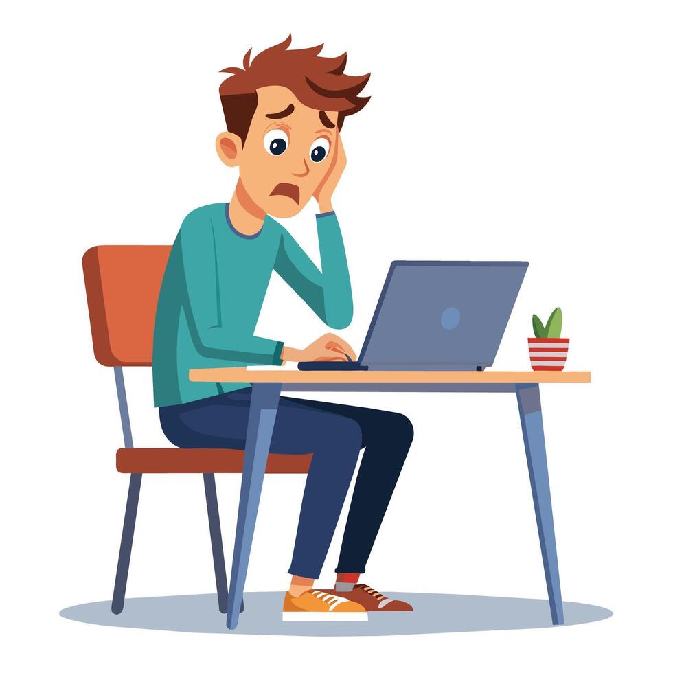 Young man sitting at the desk and working on laptop. Vector illustration