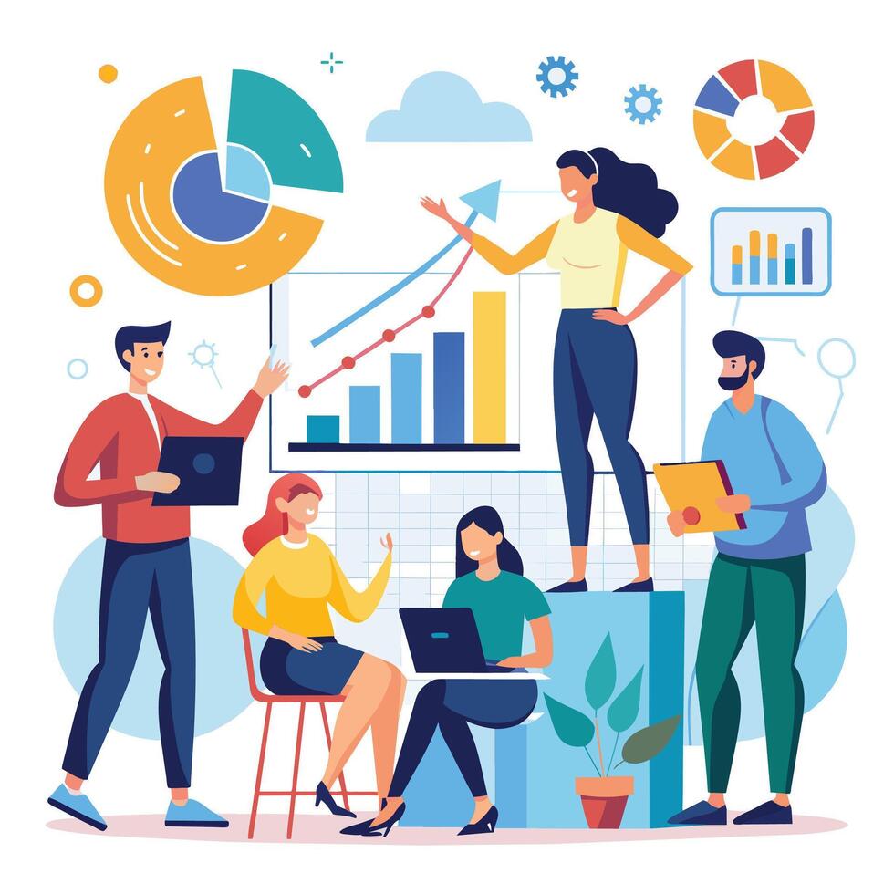 People working together in office. Teamwork concept. Vector illustration in flat style