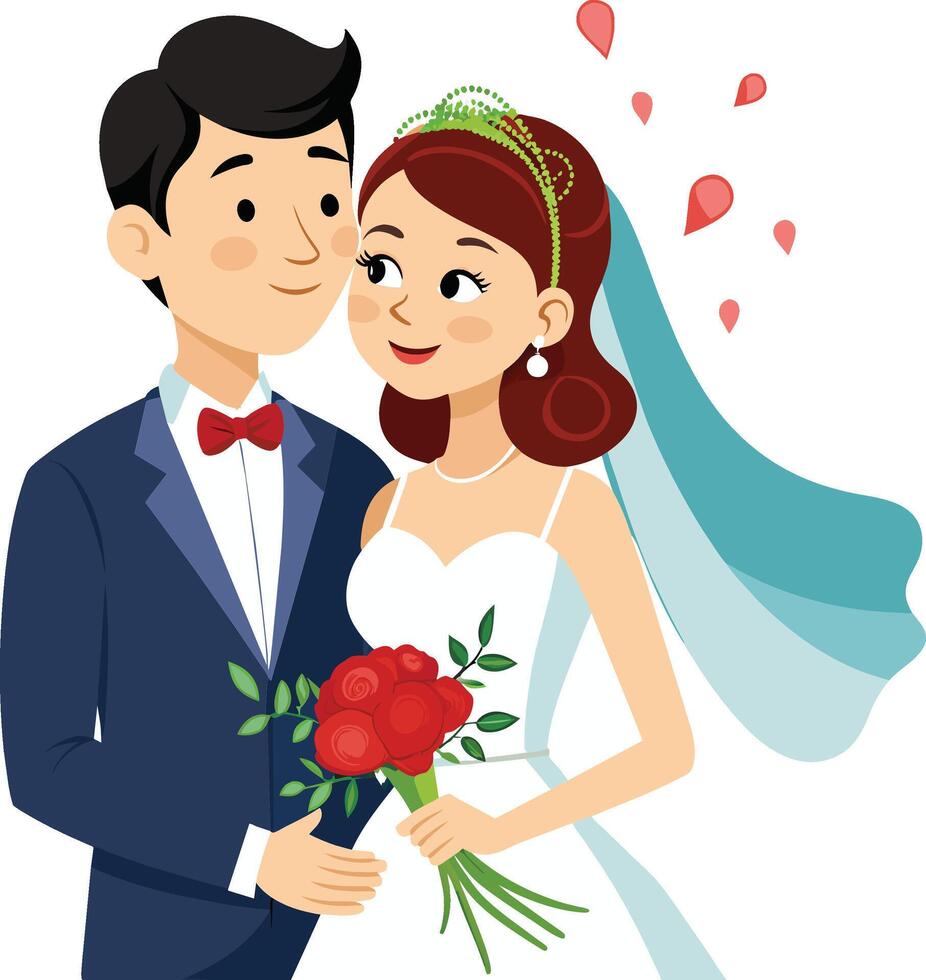 bride and groom holding a bouquet of red roses. Vector illustration