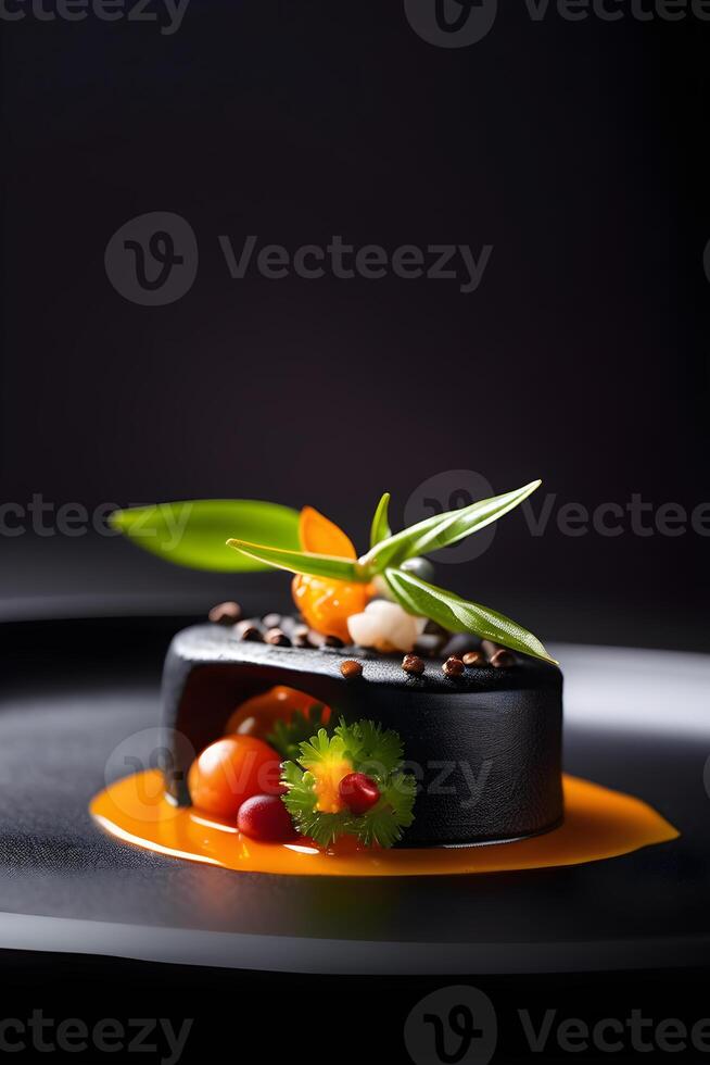 AI generated unusual molecular gastronomy dish on a black plate photo