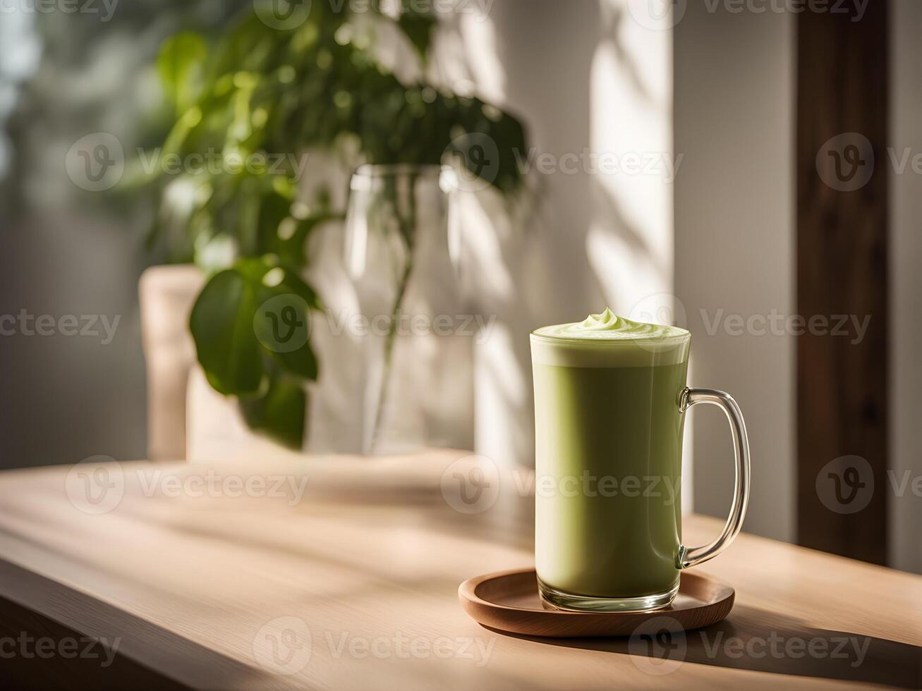 AI generated matcha latte in a mug on a wooden tray photo