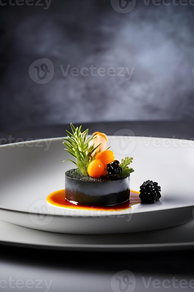 AI generated unusual molecular gastronomy dish on a white plate photo