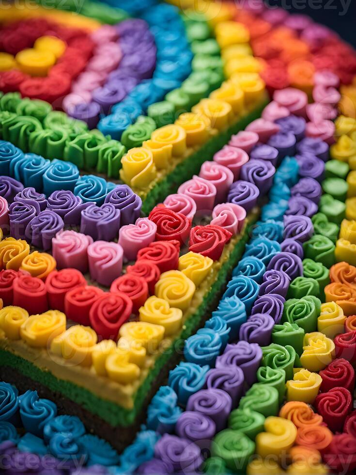 AI generated heartshaped colorful rainbow cake close up with roses photo