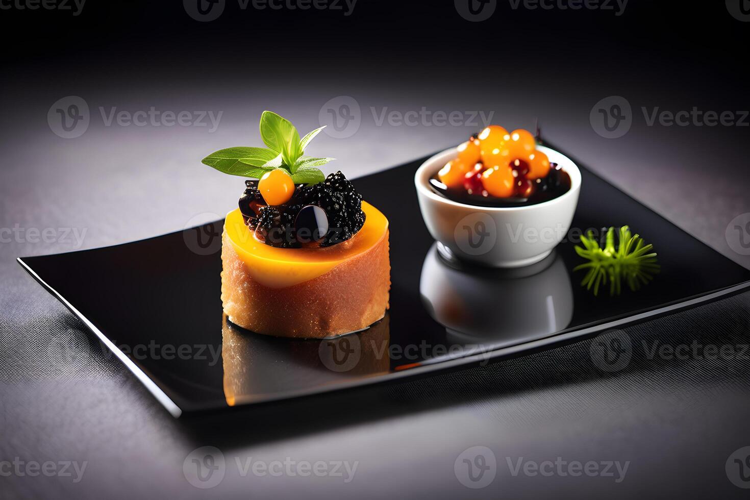 AI generated unusual molecular gastronomy dish on a black plate photo