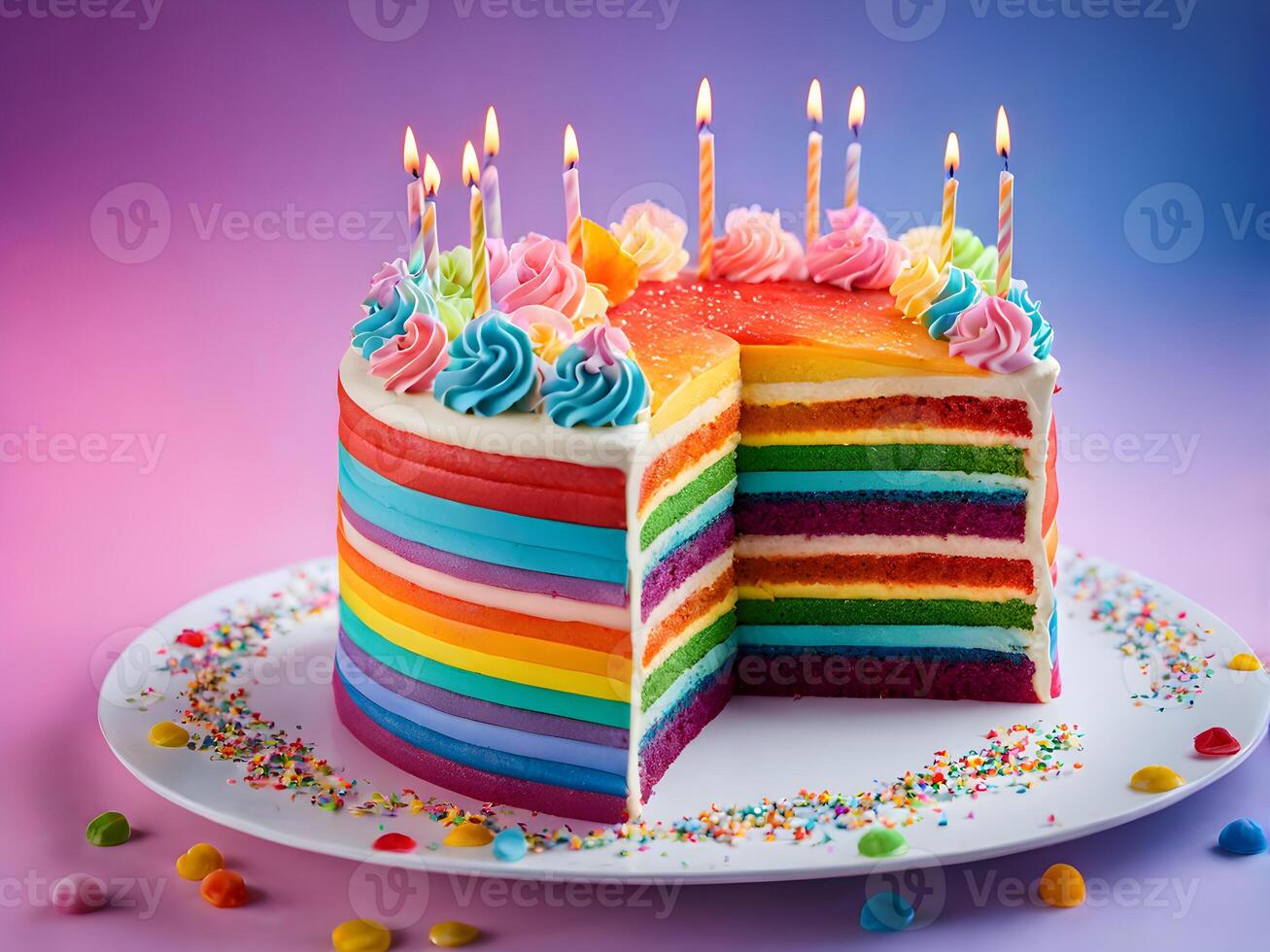 AI generated heartshaped colorful birthday rainbow cake photo