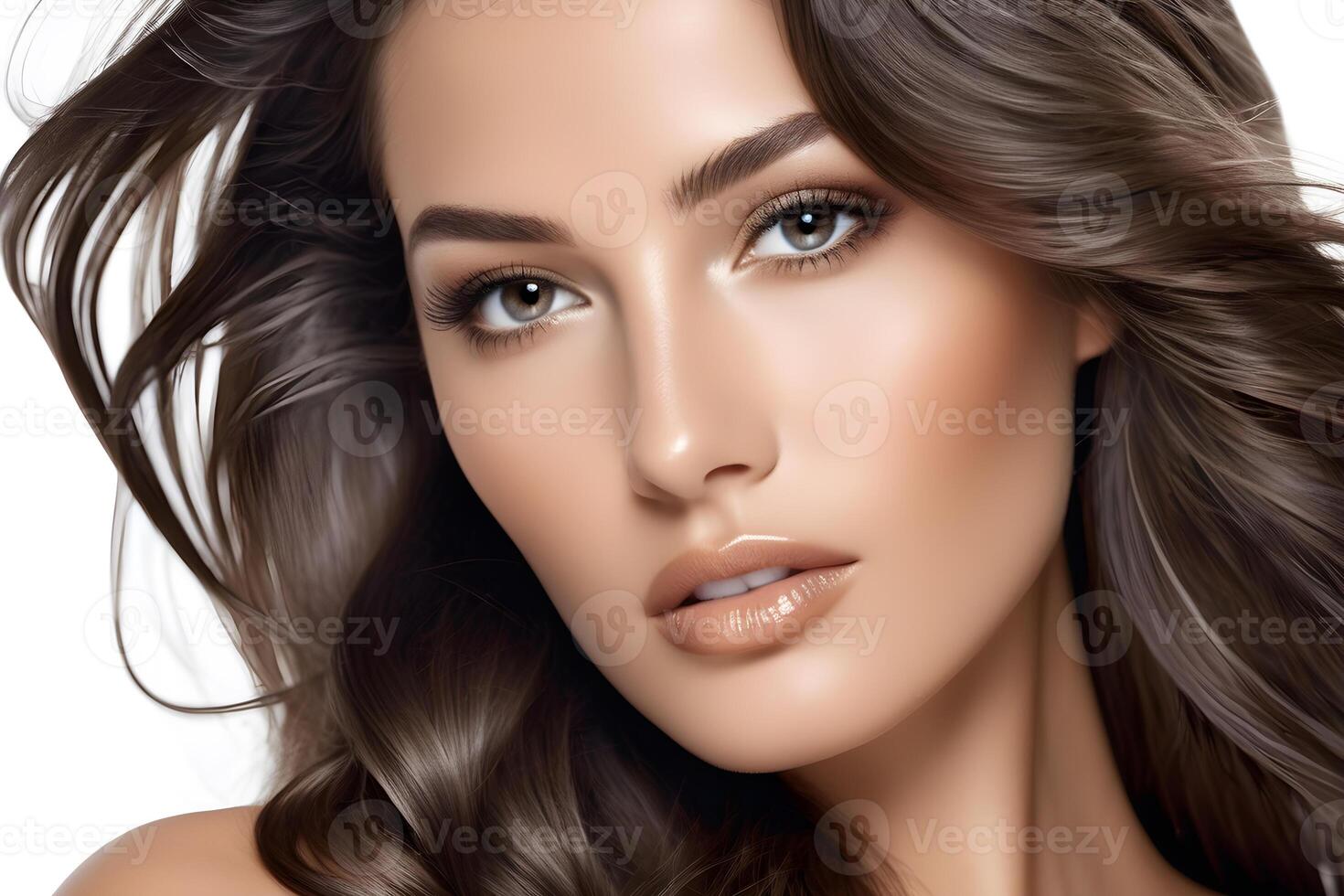 AI generated brunette with long hair and perfect skin on a white background photo