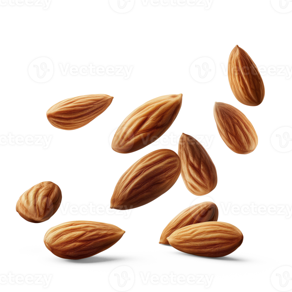 AI generated Almonds falling healthy snack isolated on a white background, showcasing their natural organic and raw quality, AI generated, PNG transparent with shadow