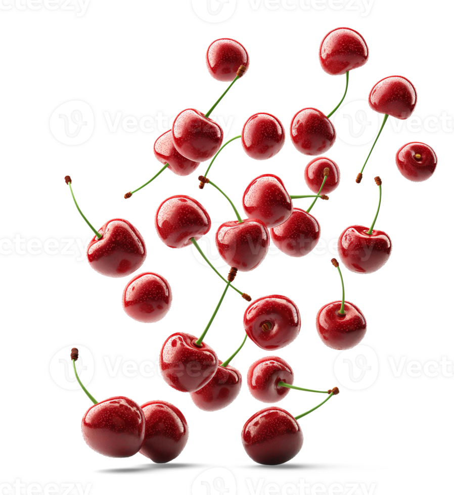 ai generato ciliegie galleggiante isolato su bianca sfondo, salutare biologico bacca naturale ingredienti concetto, ai generato, png trasparente con ombra