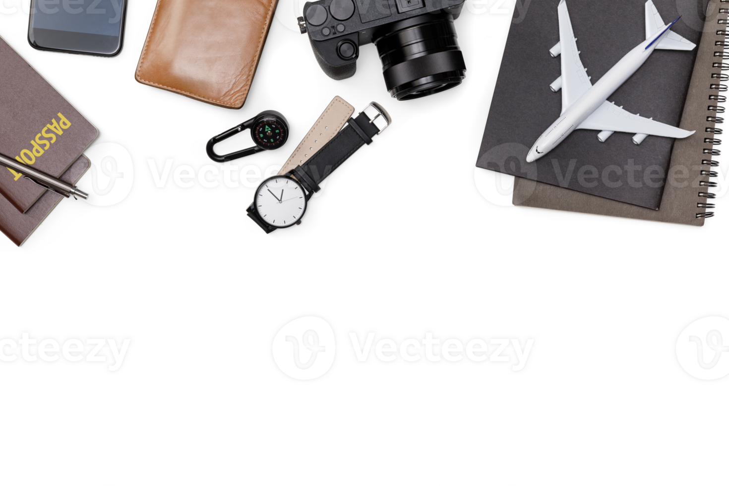Top view mockup of Traveler's accessories with passport, books of travel plan, wallet, camera, hat and airplane toy isolated, PNG transparency with shadow