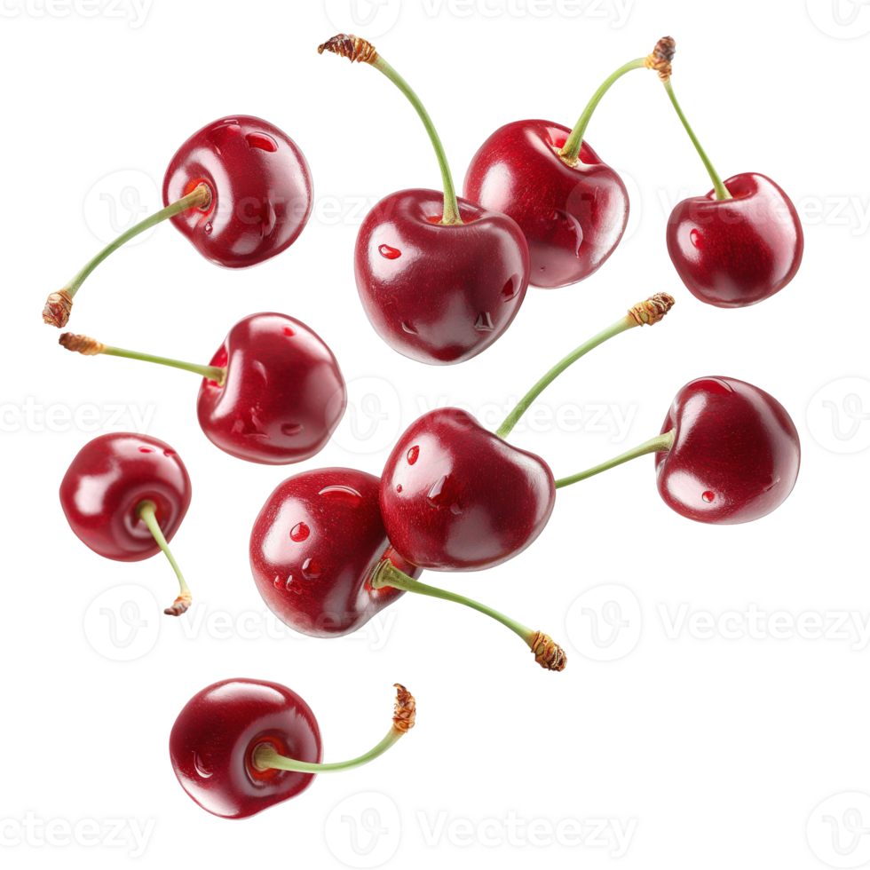 AI generated Cherries falling, Healthy organic berry natural ingredients concept, AI generated, PNG transparent