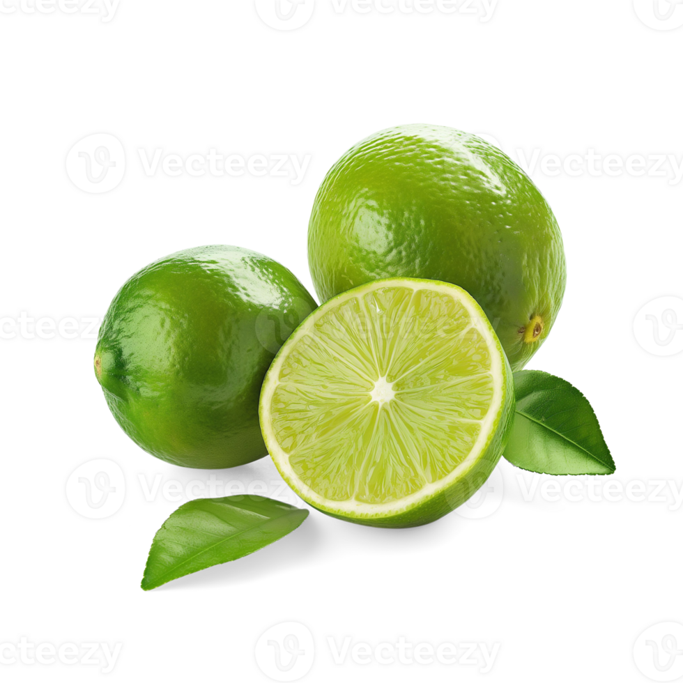 AI generated Limes with lime slice isolated on white background, Healthy organic natural fresh citrus fruit concept, AI generated, PNG transparent with shadow