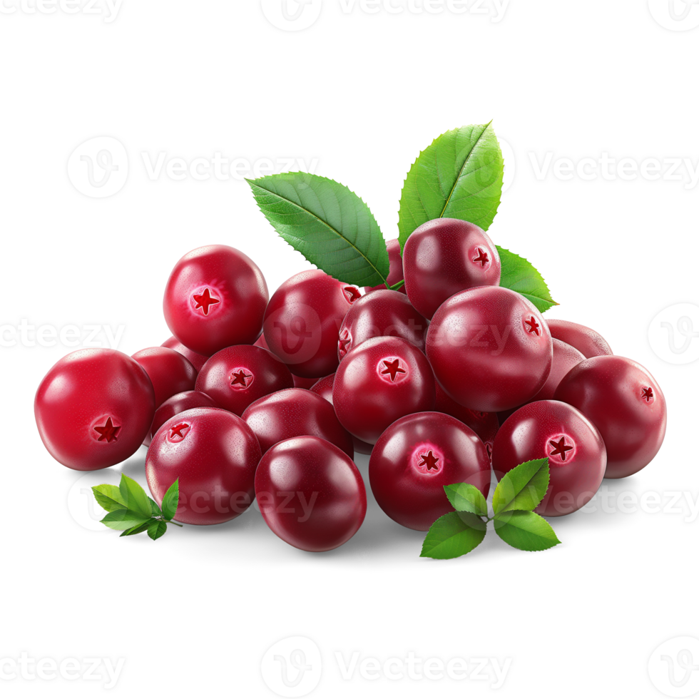 AI generated Cranberries pile with Cranberry leaves on the floor, Healthy organic berry natural ingredients concept, AI generated, PNG transparency with shadow