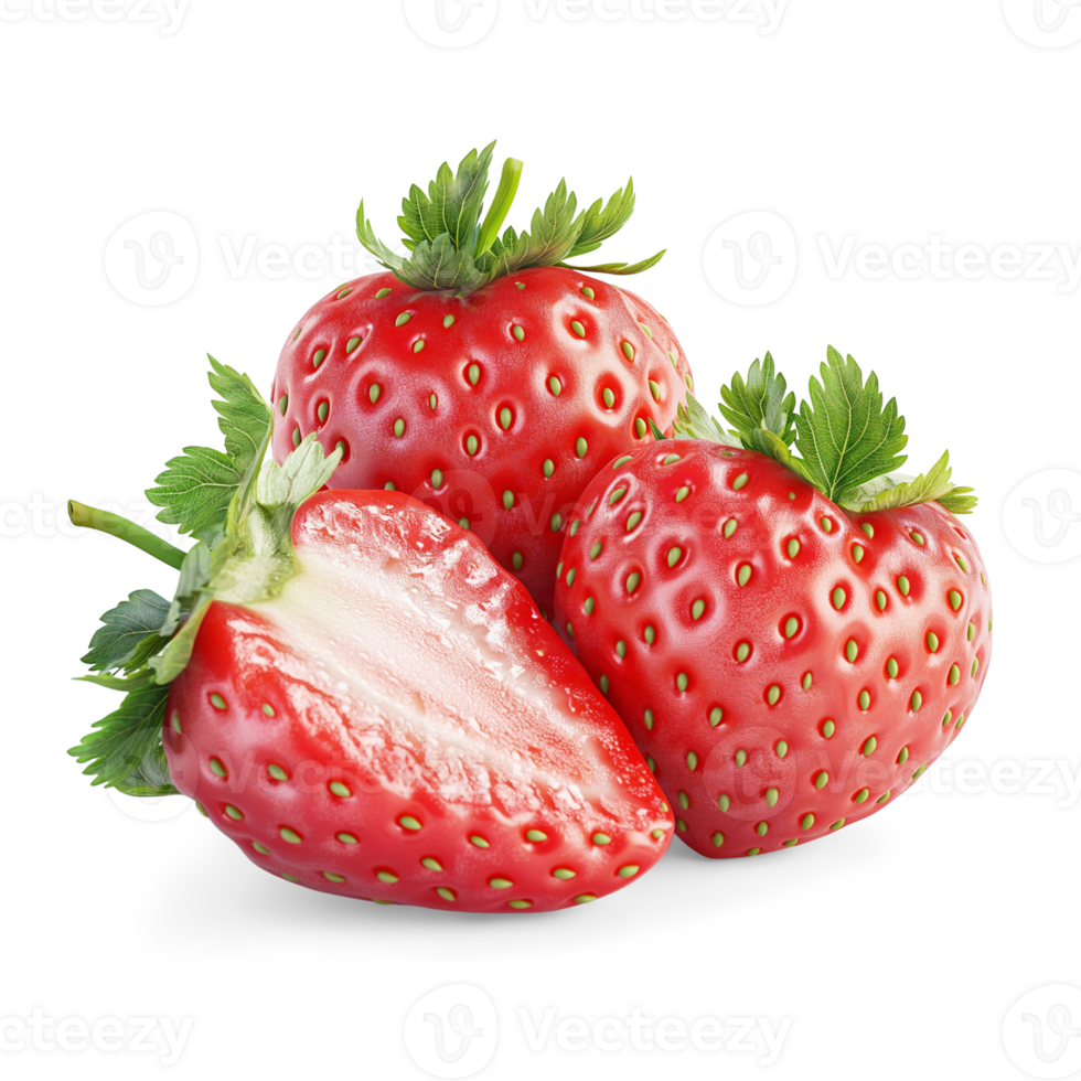 AI generated Strawberries with strawberries leaves on the floor, Healthy organic berry natural ingredients concept, AI generated, PNG transparency with shadow