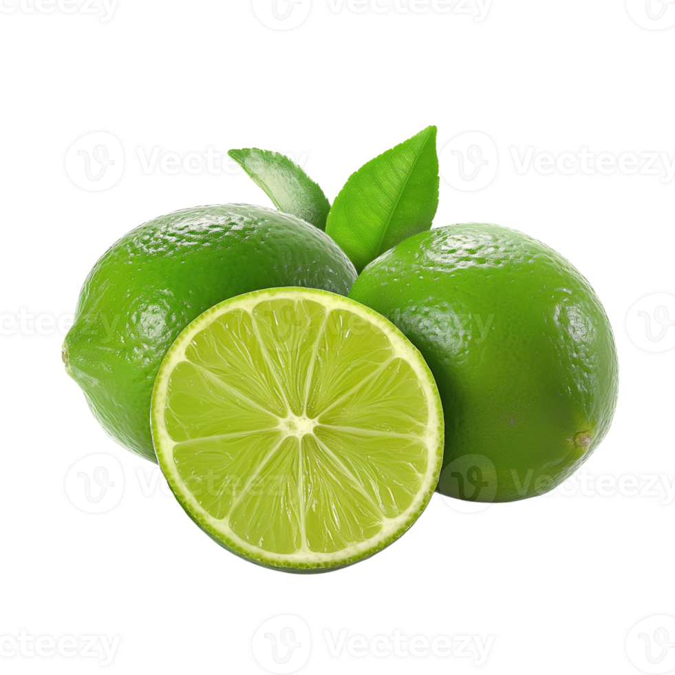 AI generated Limes with lime slice isolated on white background, Healthy organic natural fresh citrus fruit concept, AI generated, PNG transparent with shadow