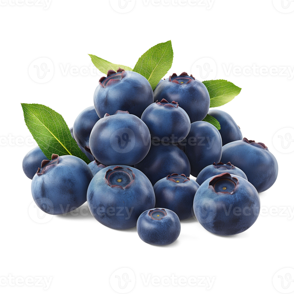 AI generated Blueberries pile with Blueberry leaves on the floor, Healthy organic berry natural ingredients concept, AI generated, PNG transparency with shadow